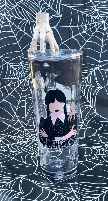 Wednesday Black Dripping Tumbler with 3D Thing hand