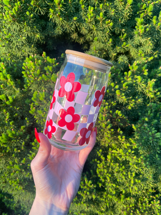 Pink Checkered Flower Glass Cups